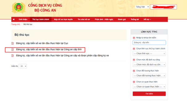 Tìm kiếm thủ tục cấp biển số